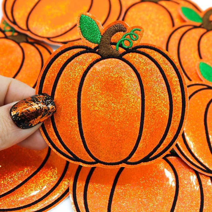 Orange Holographic Pumpkin Embroidered Iron on Patch for wholesale by Project Pinup