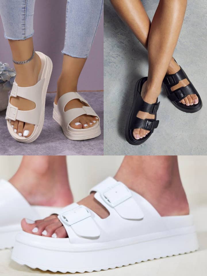 Chunky Double Strap Slider Sandals for wholesale by No Doubt Shoes