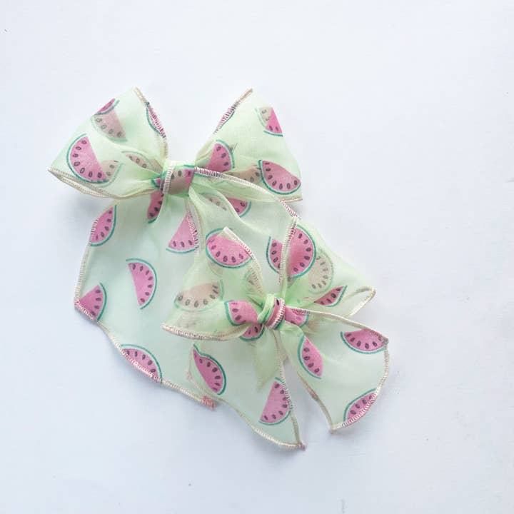 Watermelon Mint Flocked Sheer Elle Hair Bow for wholesale by Lady Eleanor & Co