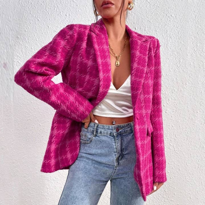 Rose Red Fall Winter Plaid Knit Cardigan Mid-Length Jacket ZK3677 for wholesale on Faire3