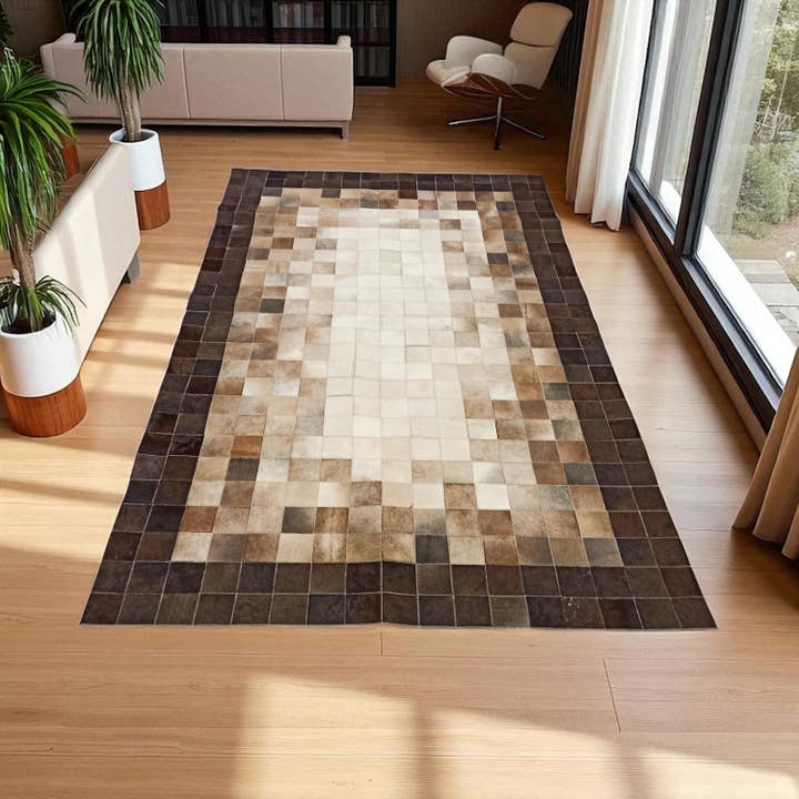 Ombre Cowhide Rug, Brown and Beige Leather Patchwork Carpe for wholesale by Karelias And Sons