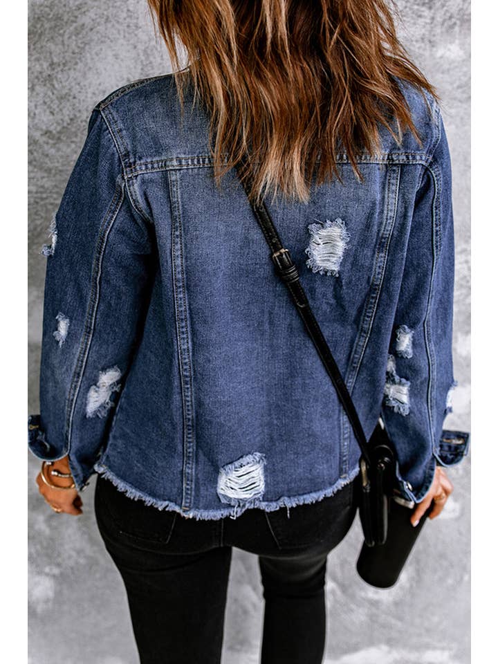 Blue Winter Distressed Raw Hem Buttons Denim Jacket(S-XL) for wholesale on Faire