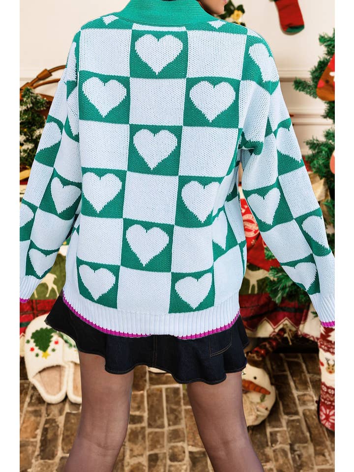 Sea Green Valentine Heart Checkered Pattern V Neck Knit Cardigan for wholesale on Faire1