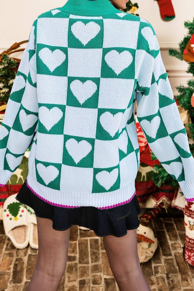 Vert Mer Cardigan en maille à col en V avec motif à carreaux cœur de la Saint-Valentin en vente sur Faire1