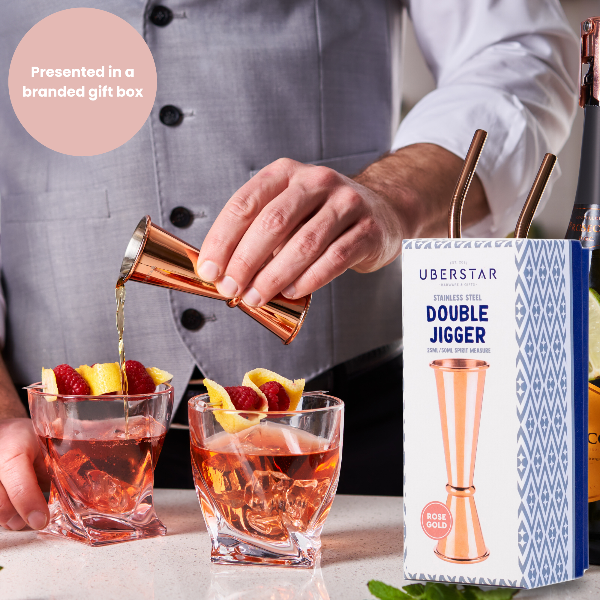 UBERSTAR – wholesale Jigger – Double Jigger Stainless Spirit Measure 25ml/50ml - Rose Gold5