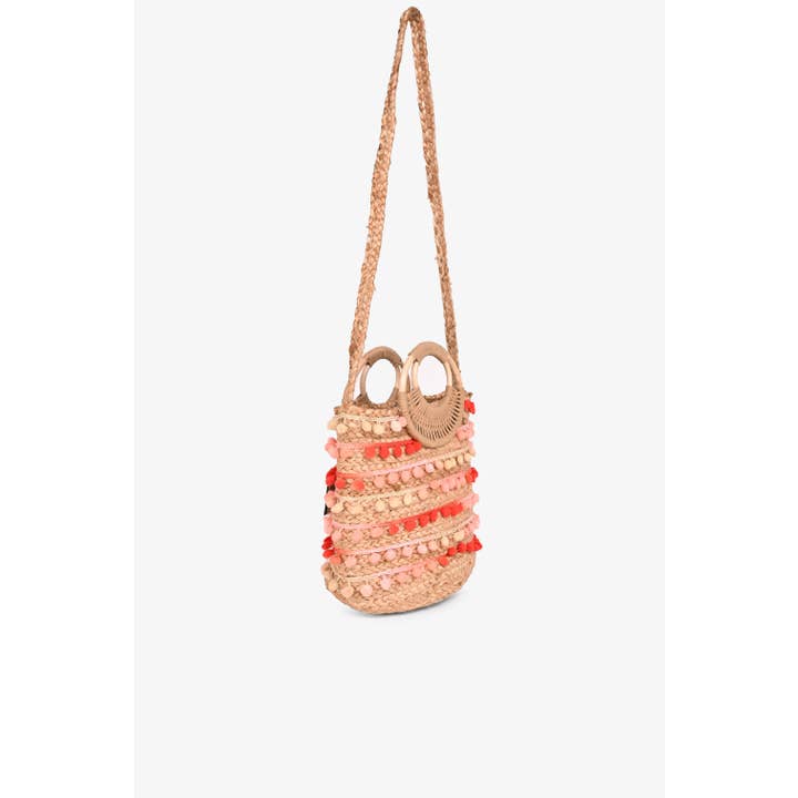 America & Beyond - Wholesale Tote Bag - Women's - Coral Pompom Fiesta Jute Handheld Tote
