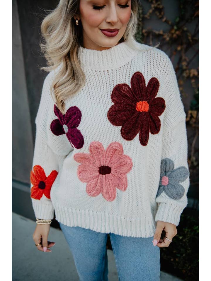 White Floral Wholesale Warm Fall Stitched Sweater for wholesale on Faire5