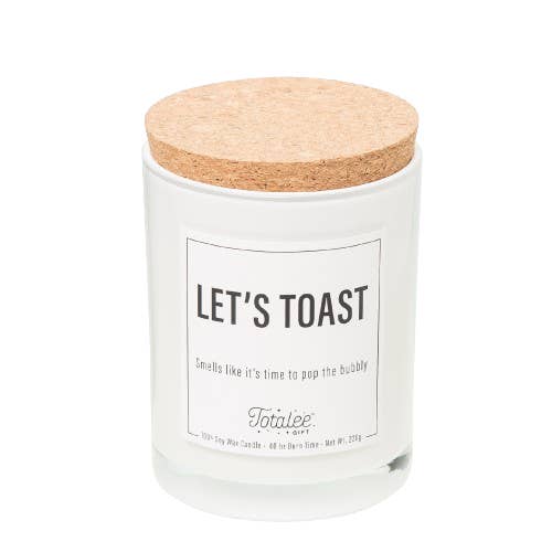 White Let's Toast Soy Candle for wholesale on Faire