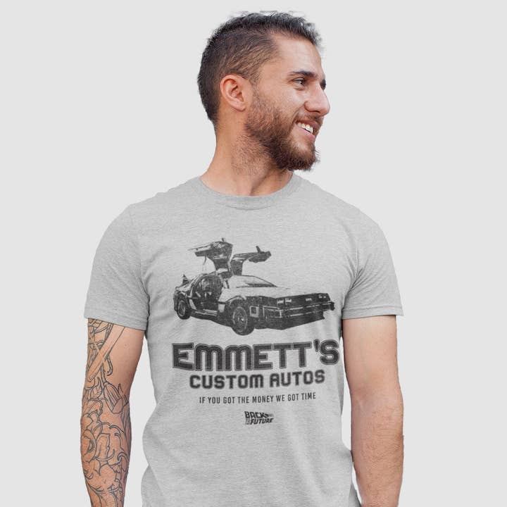 Gris chiné T-shirt Retour vers le futur - Emmett's Custom Autos en vente sur Faire2