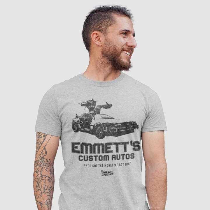 Gris chiné T-shirt Retour vers le futur - Emmett's Custom Autos en vente sur Faire2