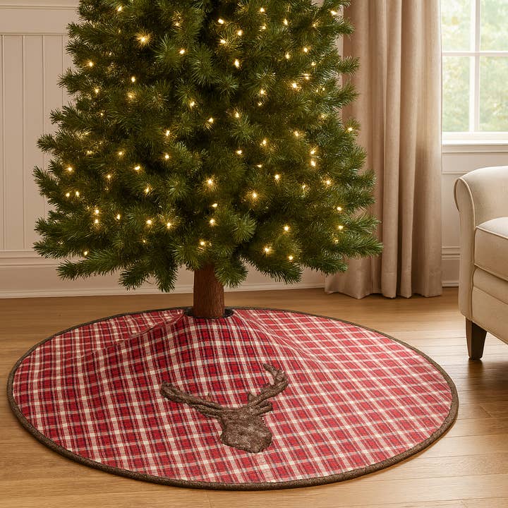 Reindeer Plaid Faux Fur 54" Christmas Tree Skirt for wholesale by Fennco Styles