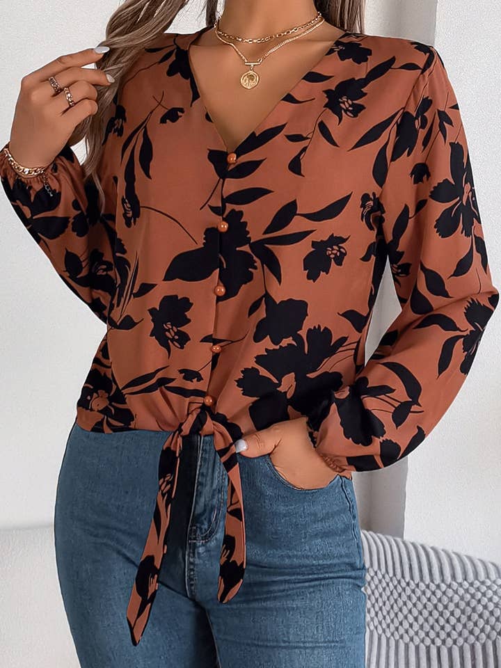 CWTSTL1511_CASUAL LONG SLEEVE FLOWER PRINT CHIFFON SHIRT TOP for wholesale by NINEXIS