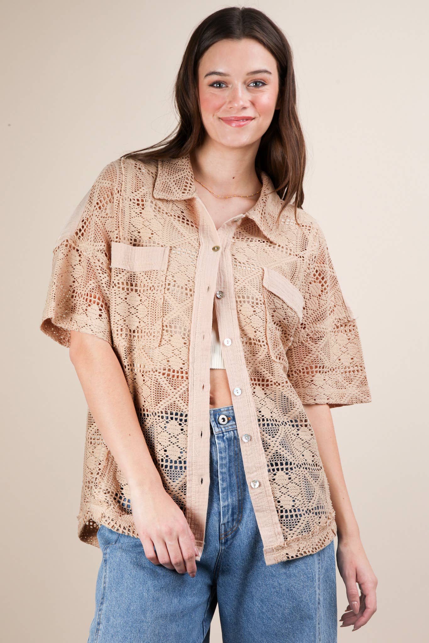 VERY J - Wholesale Jacket - Women's - NT12083-Oversized Crochet Button Down Shirt Top15