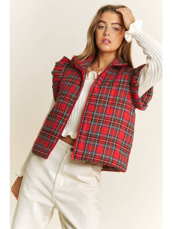 RED EVERYDAY PLAID PUFF ZIP UP VEST JACKET with ARMHOL for wholesale on Faire4