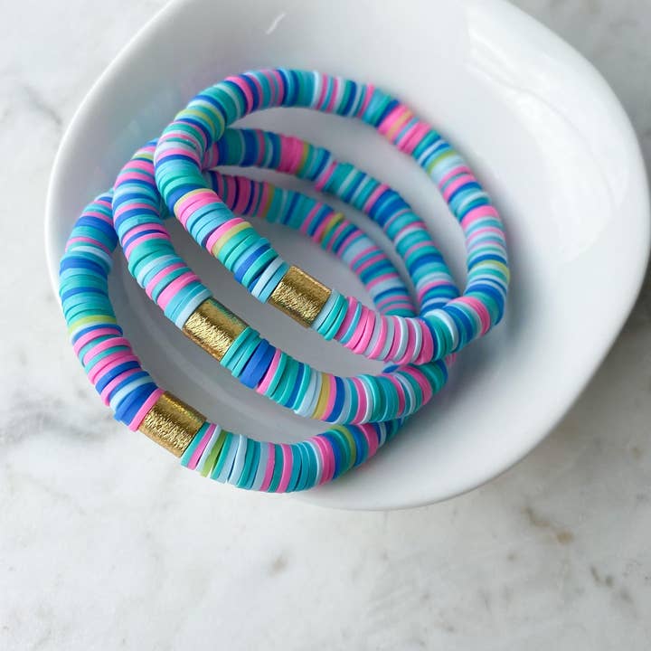 Heishi Color Pop Bracelet ''Aqua Rainbow with Gold Barrel' for wholesale by The Mod Miss