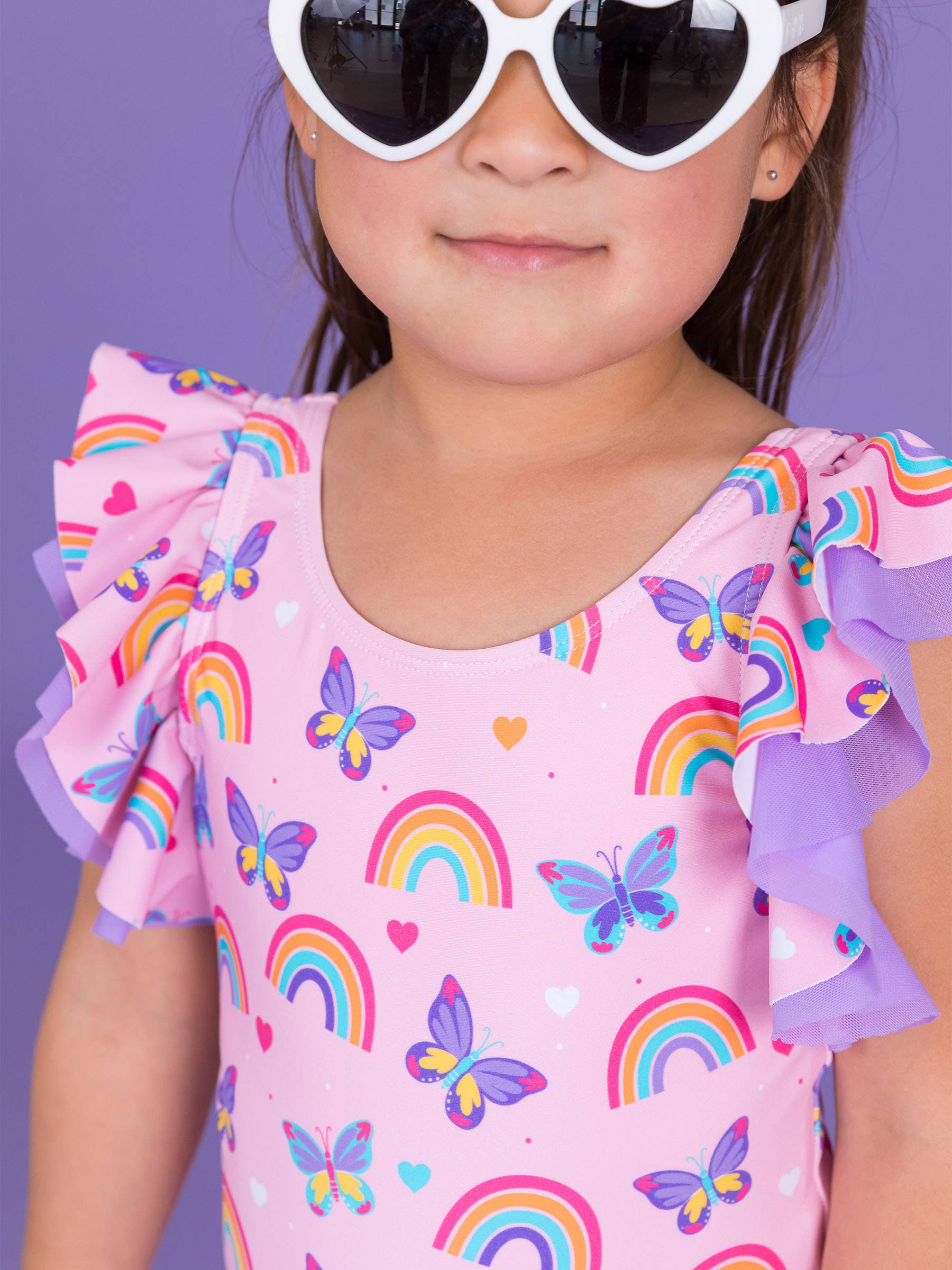 Pink Girls Rainbows & Butterflies Butterfly Sleeve One Piece Swimsuit for wholesale on Faire3