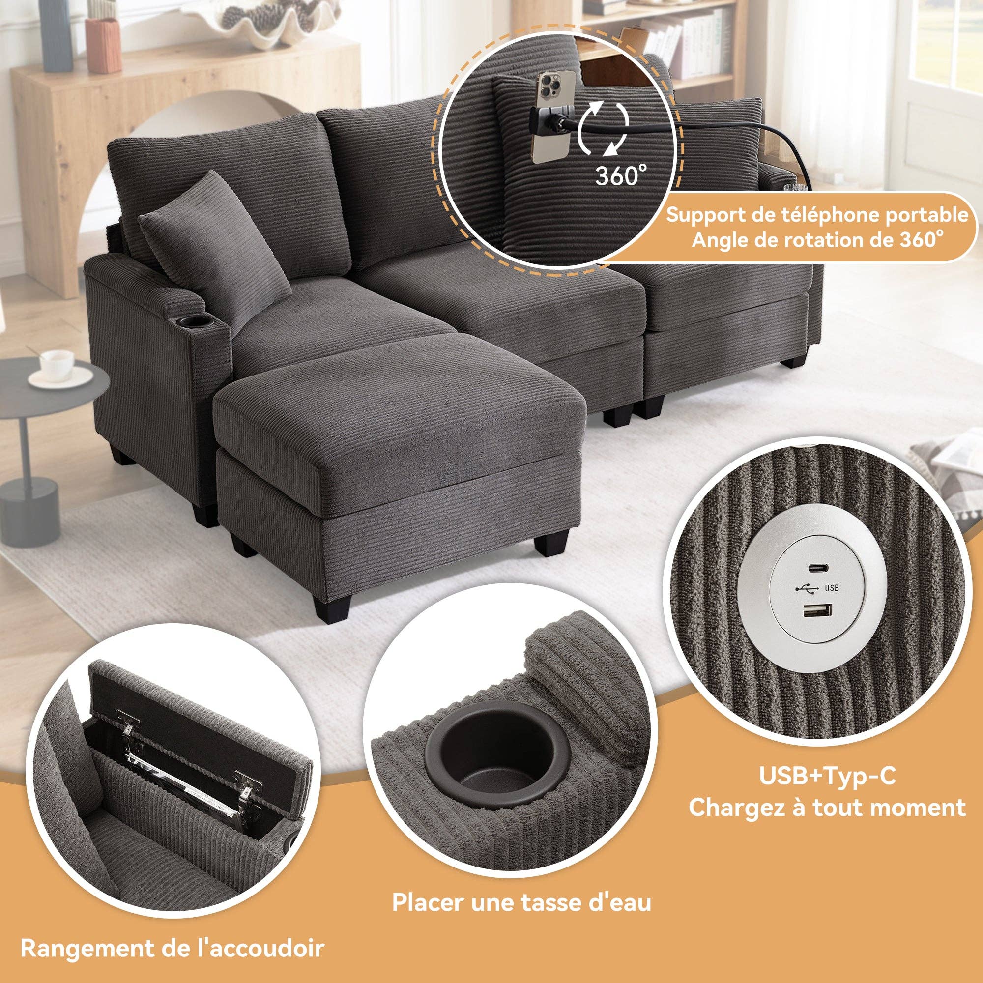 Urban Meuble - Wholesale Bank - Modulaire hoekbank in grijze ribfluweel, 3-4 zitplaatsen met afneembare poef, USB-poorten en bekerhouders GEYSERFOUNT11