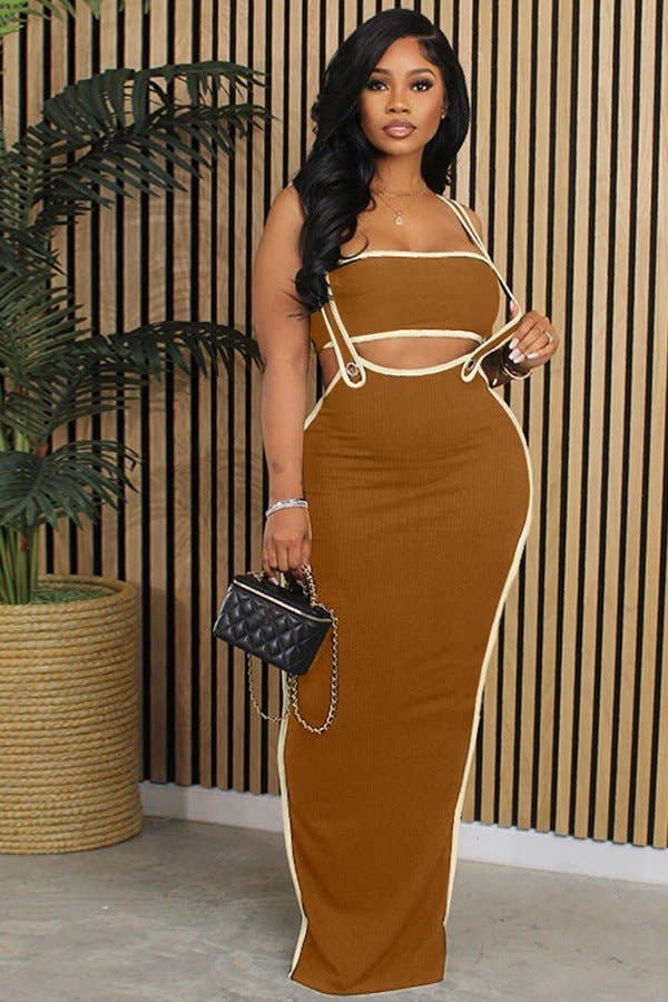 Aria Romance - Wholesale Top & Skirt Set - Women's - Striped Suspenders Slit Maxi Dress3