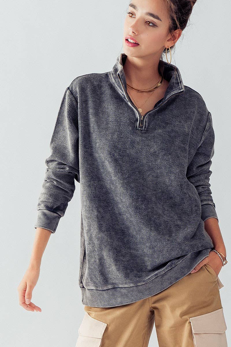 Urban Daizy - Wholesale Sweatshirt - Women's - Vintage Washed Quarter Zip Ribbed Sweatshirt30