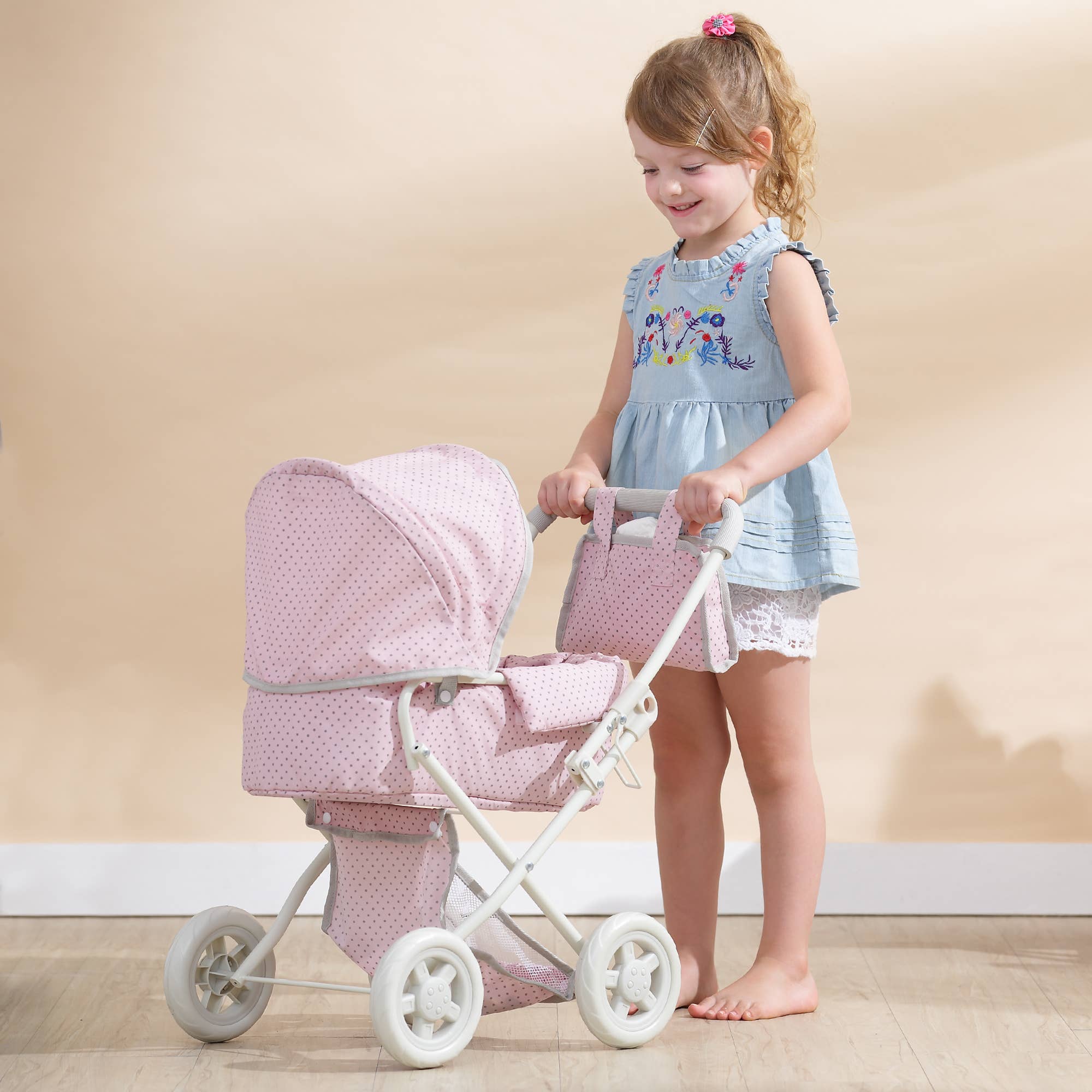 Polka Dots Princess Baby Doll Deluxe Stroller - Pink & Grey for wholesale on Faire1