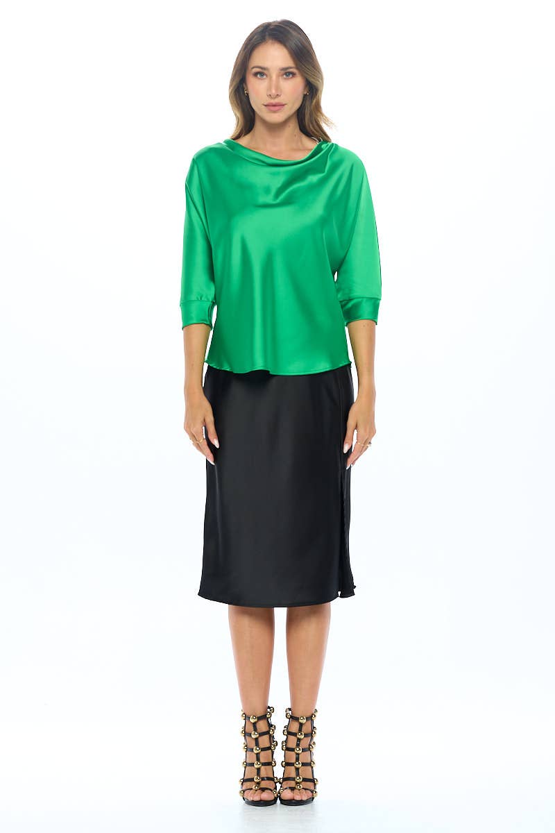 GREEN Made in USA Satin Vibrant Cowl neck 3/4 Sleeve Top for wholesale on Faire2