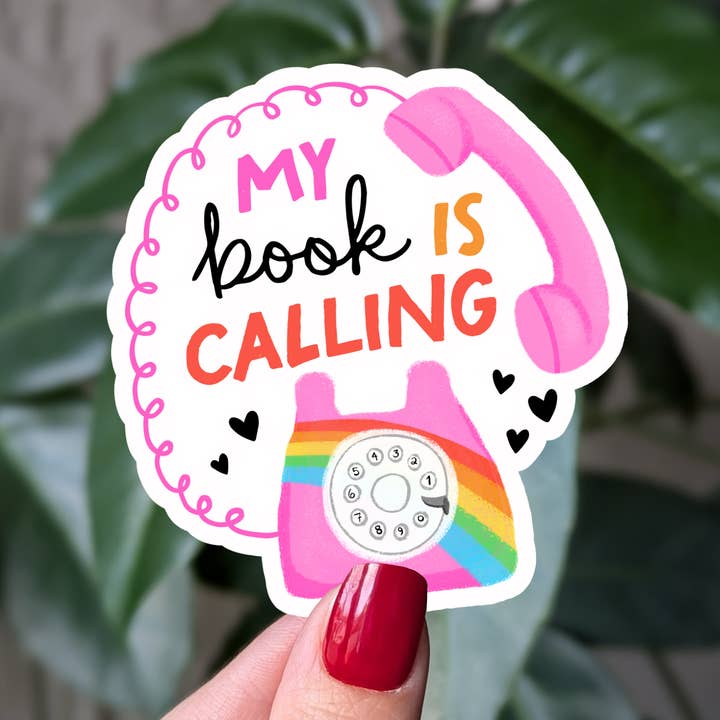 My Book Is Calling Sticker, Retro Bookish Rainbow Phone for wholesale by Moonlit Creations