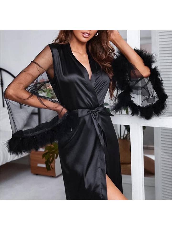 HIDDENBRAND - Wholesale Dress - Women's - Feather paneled mesh loungewear bathrobe dress multicolored7