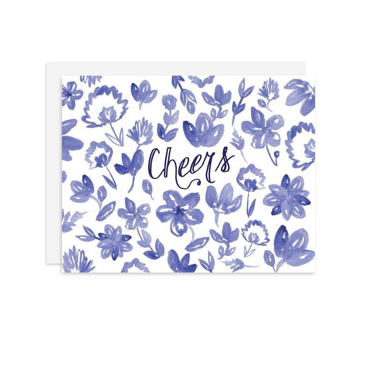 Cheers! Blue and White Watercolor Floral A2 Greeting Card for wholesale by MALWEST design