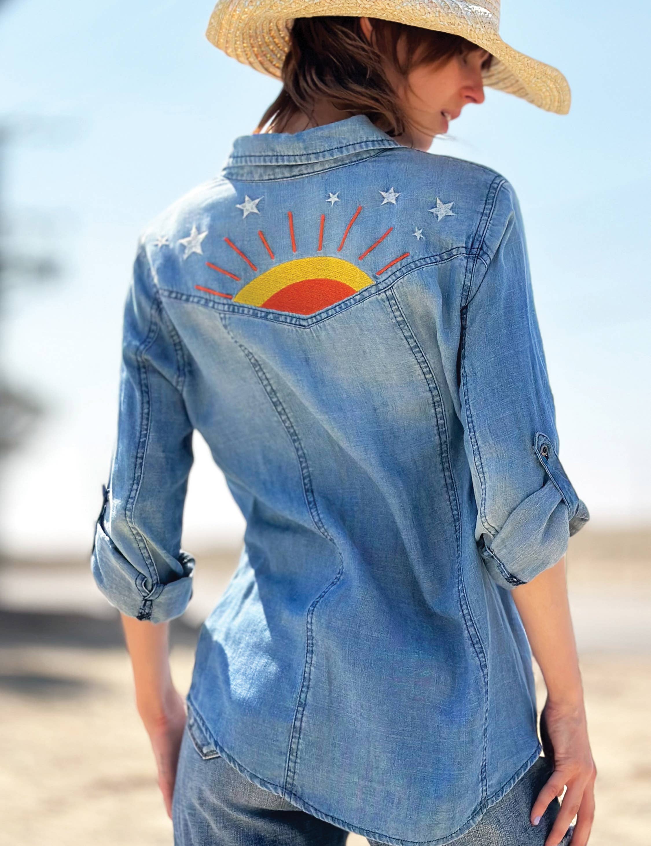 Washed Blue Hello Sunshine Shirt - Sunrise Embroidery for wholesale on Faire2