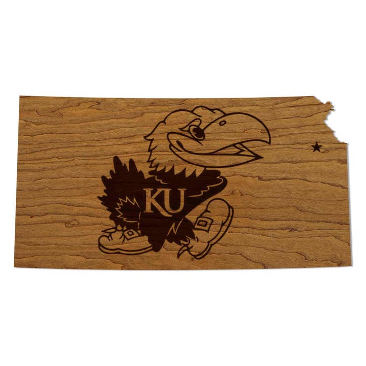 Suspension murale Jayhawk de l'Université du Kansas - Fabriquée en bois de cerisier et d'érable - Jayhawks de l'Université du Kansas pour la vente par LazerEdge