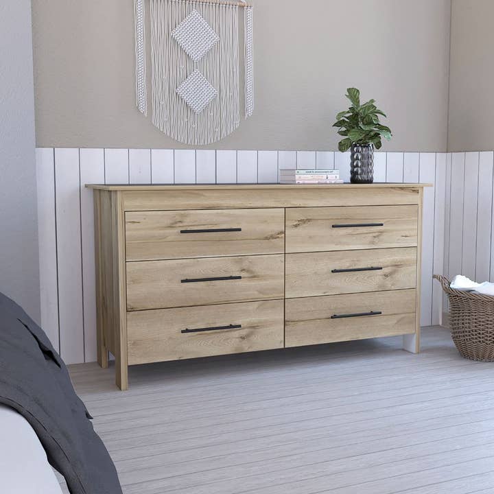 Treevol Furniture - Wholesale Bedroom Furniture - Wezz 6 Drawer Double Dresser, Superior Top, Light Oak Finish