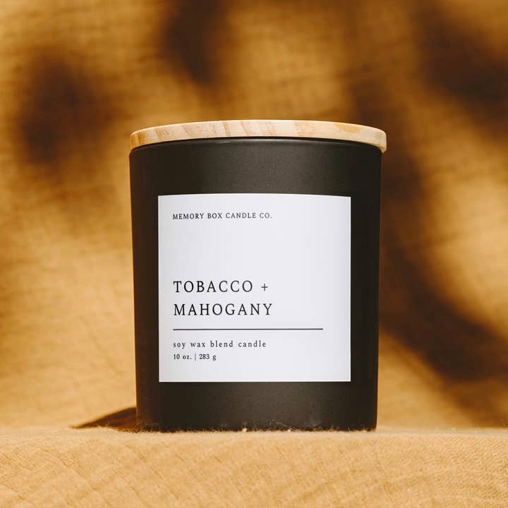 Soy Candle - Tobacco + Mahogany - 10 oz. Matte Black Glass for wholesale by Memory Box Candle Co.