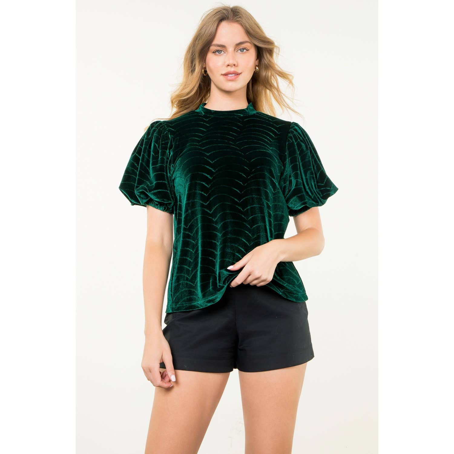 GREEN Puff Sleeve Velvet Top for wholesale on Faire8