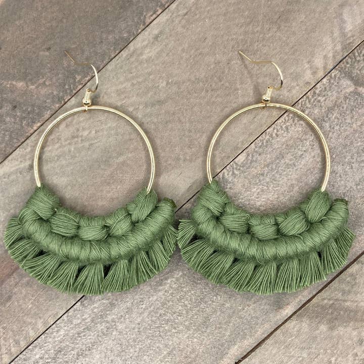 Large Round Fringe Earrings - Moss Green & Gold for wholesale by HK Macrame Jewelry