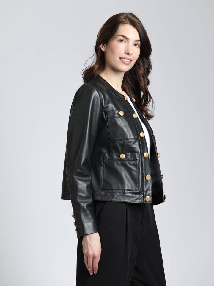 11Uptown - Vendita all'ingrosso Giacca in pelle - Donna - Giacca in pelle di agnello con bottoni dorati2