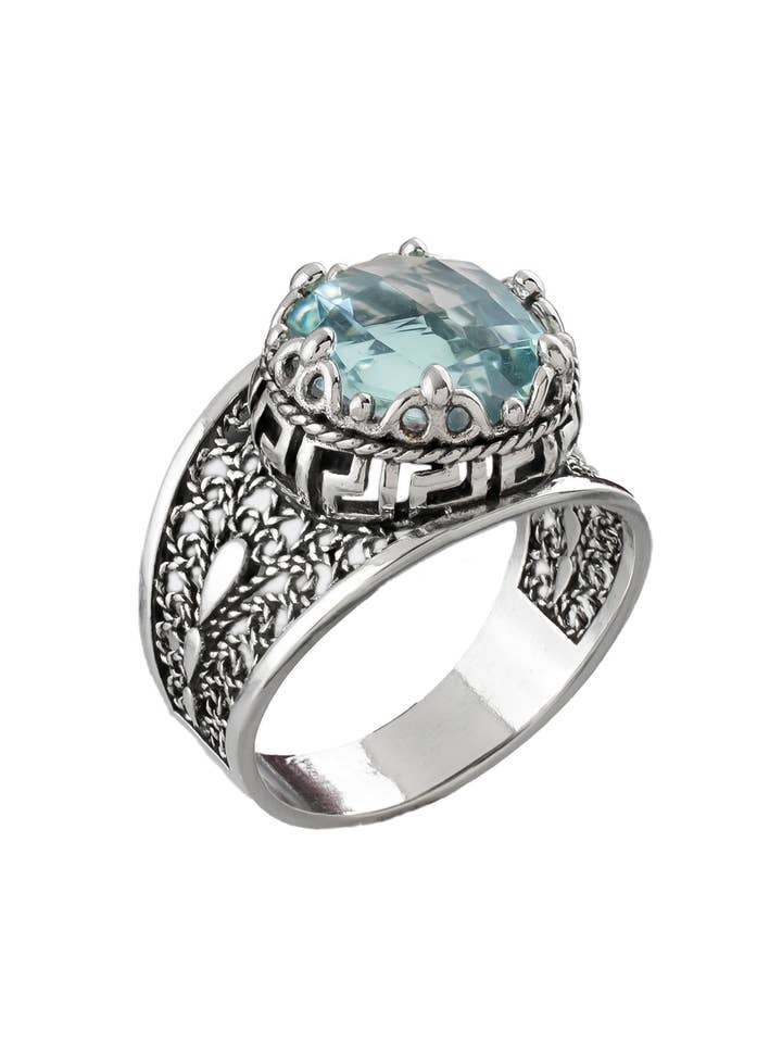 Bague en argent pour femme avec motif grec et aigue-marine pour la vente par Filigranist Jewelry