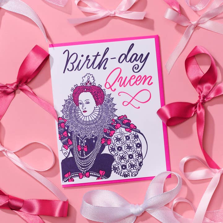 And Here We Are - Wholesale Birthday Card - Birthday Queen Letterpress Card - Girly, Bow, Royal - Made in USA2