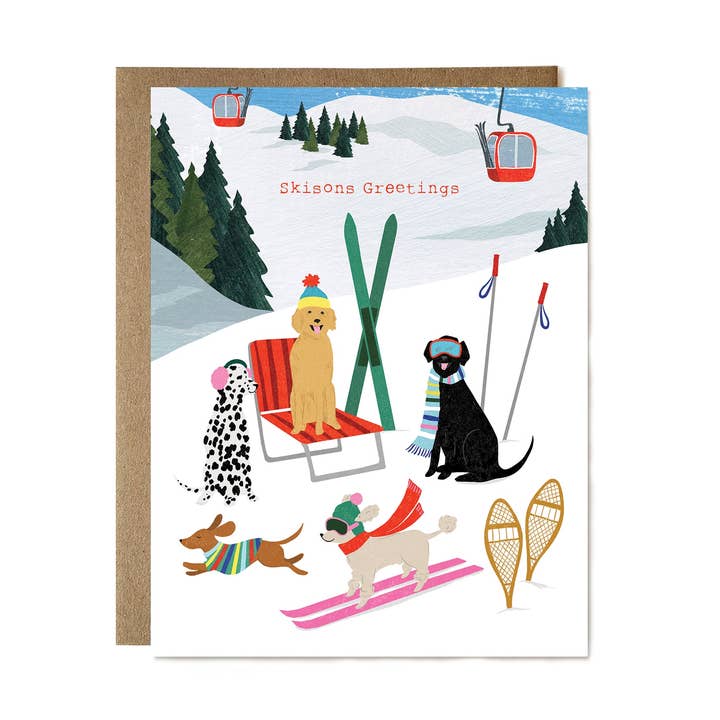 Aprés Dogs Skisons Greetings Card for wholesale by Ula Bloom