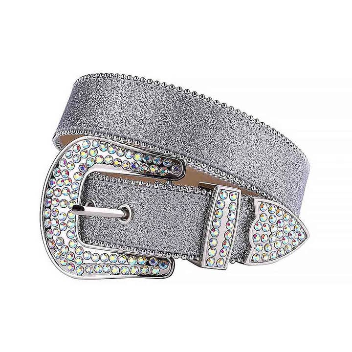 Cinto de Pele Rhinestones Prateado Glitter Com Multi Pedras por atacado de Rhinestone Belt Store