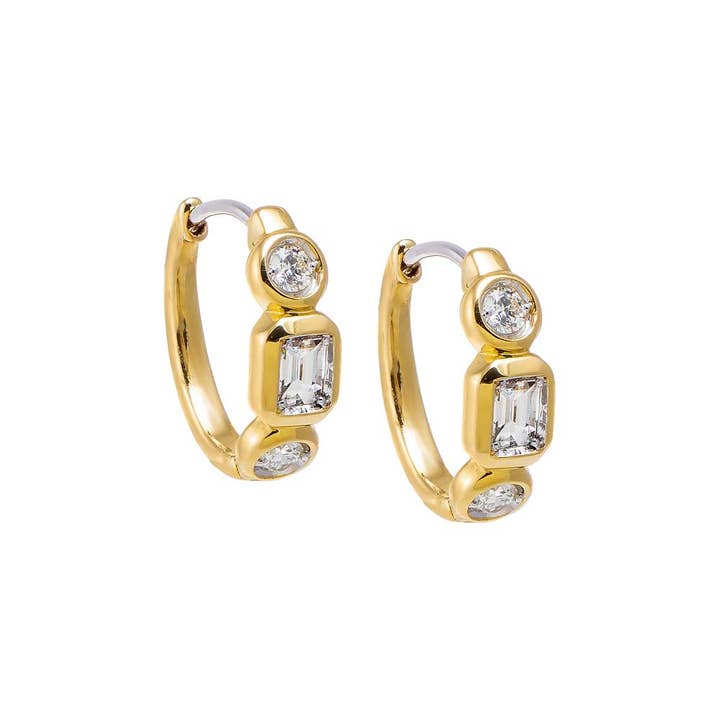 Diamond Round X Emerald Bezel Huggie Earring 14K for wholesale by By Adina Eden