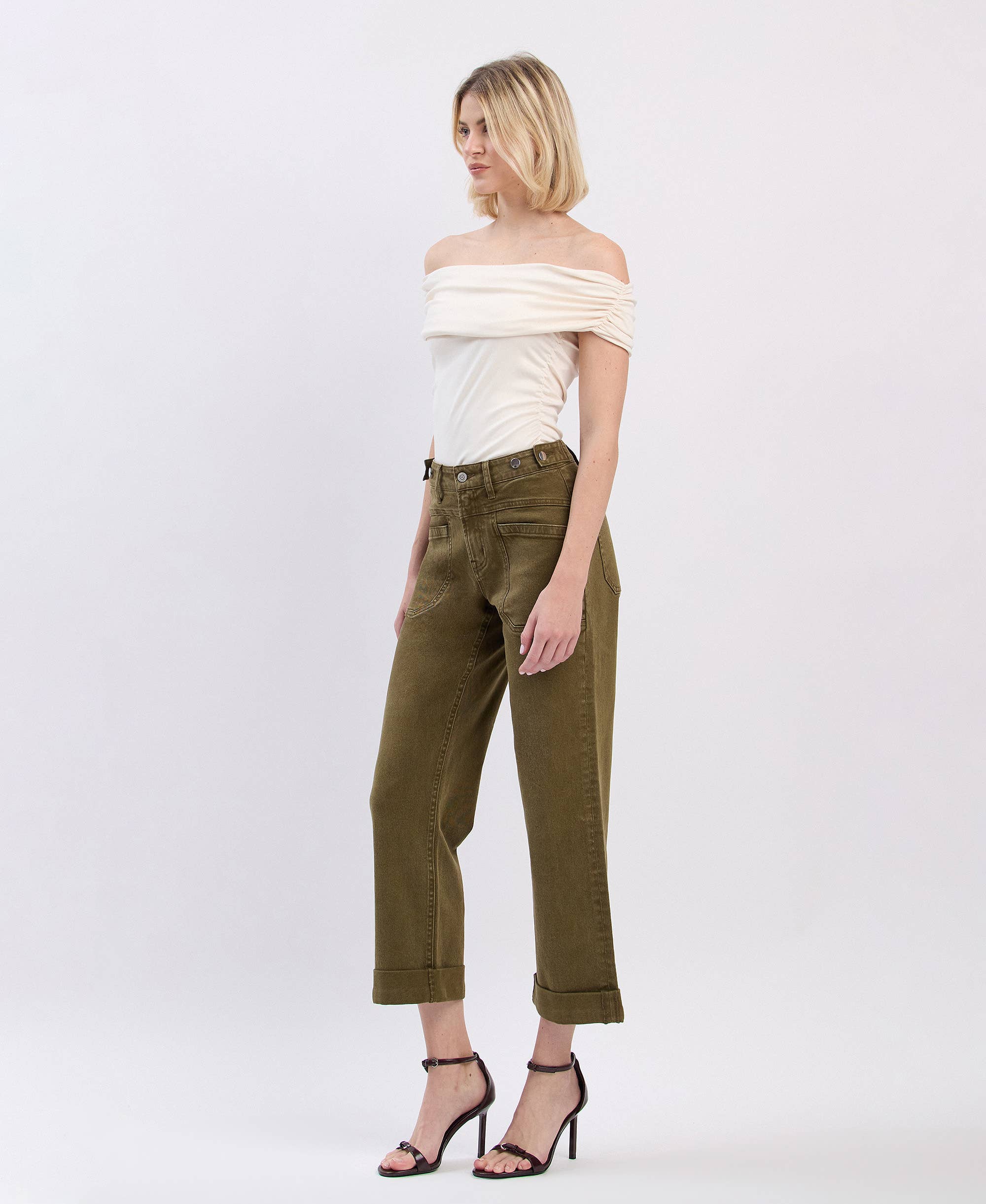 DARK OLIVE HIGH RISE TAB WAISTBAND CUFFED SLIM WIDE JEANS F5920DOL for wholesale on Faire4