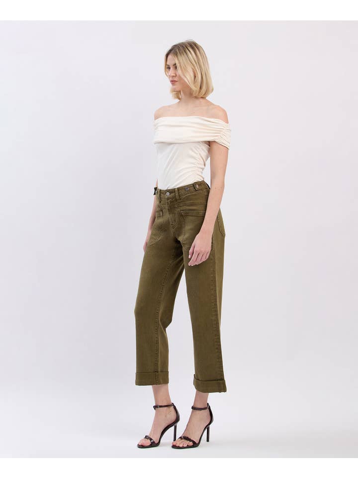 DARK OLIVE HIGH RISE TAB WAISTBAND CUFFED SLIM WIDE JEANS F5920DOL for wholesale on Faire4