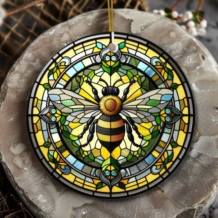 Fernville Creations - Wholesale Ornament - Bee Ceramic Ornament, Stained Glass Image, Nature Decor
