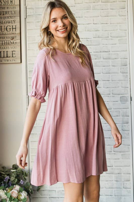 Lemon Tree - Wholesale Dress - Women's - Solid Linen Puff Sleeve Dress1
