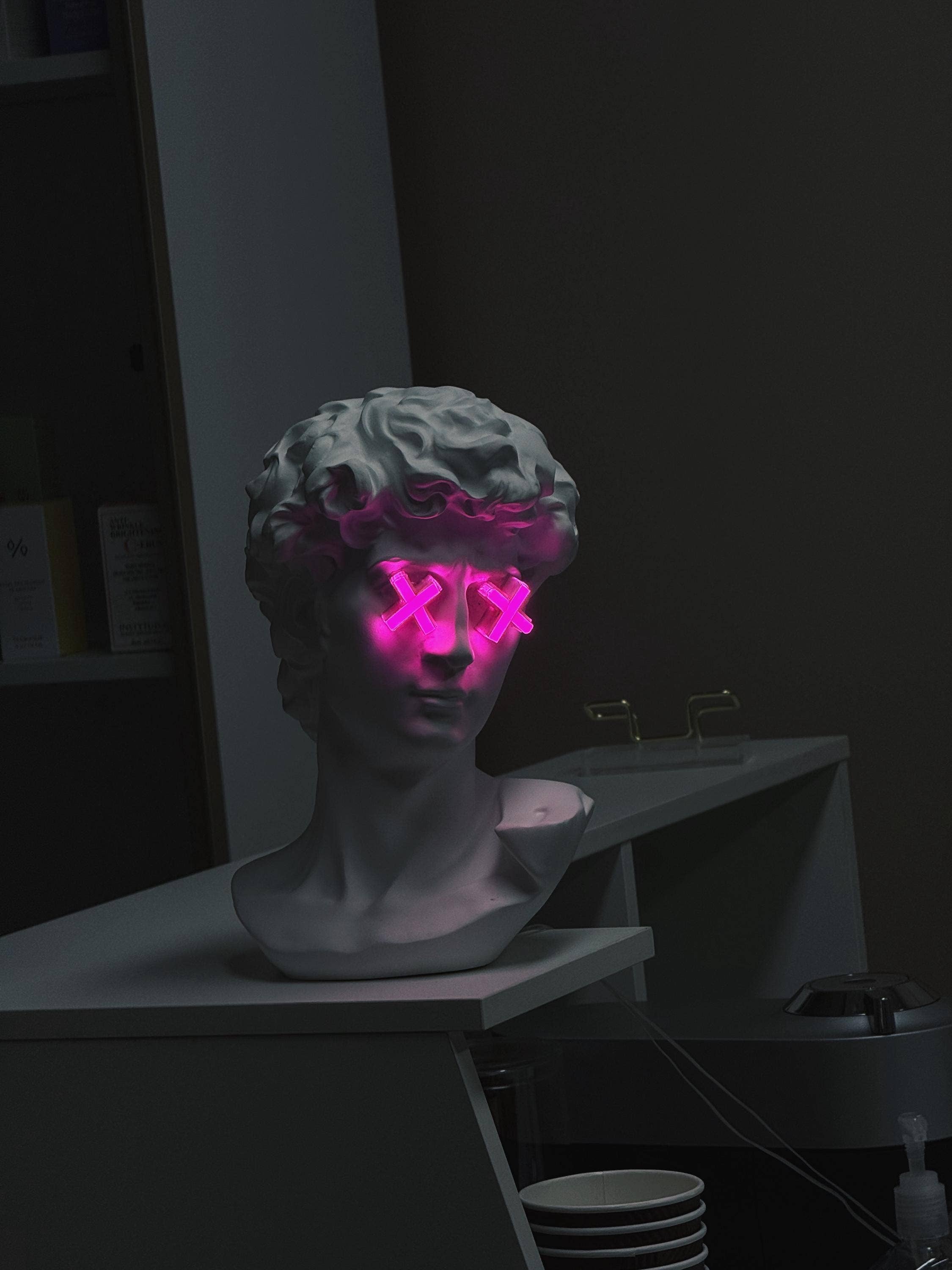 CityNeon - Wholesale Accent/Desk Lamp - Custom Neon Bust Lamp – Michelangelo David Face with Pink LED Eyes – Unique Nightstand Art Decor - Limited Edition3