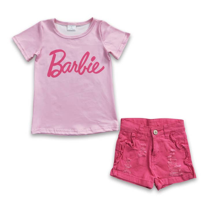 Chemise rose assortie, short en jean, vêtements de fête pour filles pour la vente par Yawoo Garments
