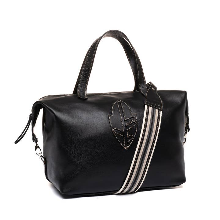 BOLSO BOWLING PIEL LISA NEGRO CON BANDOLERA GROSGRAIN para venta al por mayor de Natural State Bags