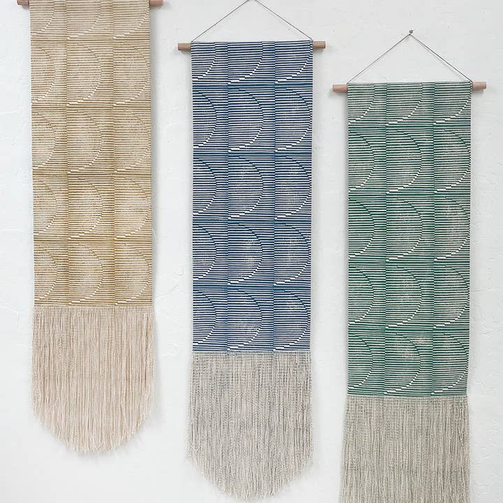 Semi Circle Shift Block Print Fringe Wall Hanging in Taupe for wholesale by Julia Canright
