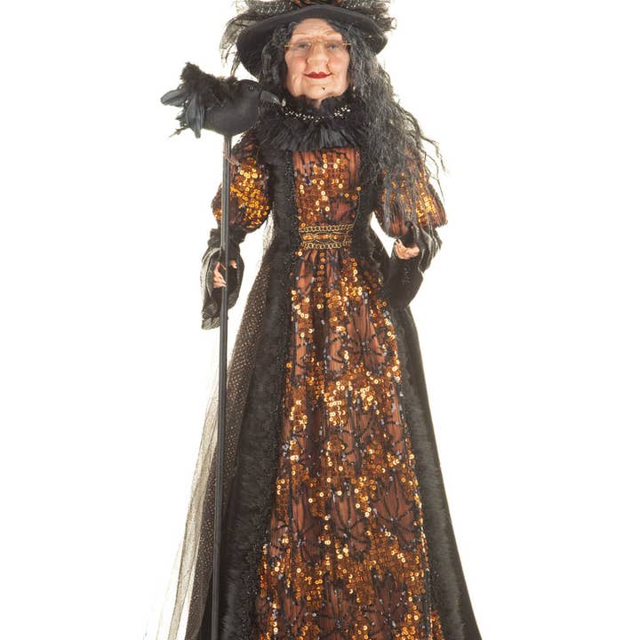 Starlight Collection - Venta al por mayor Artículo decorativo de mesa - Figura de bruja majestuosa negra y naranja con bastón de cuervo0