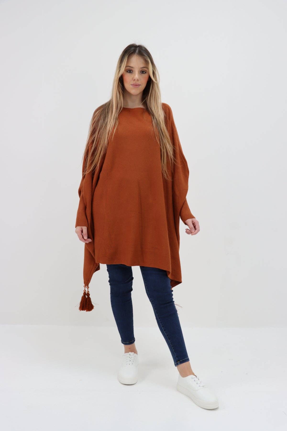 Miss Bold - Wholesale Poncho - Women's - Italian Plain Batwing Sleeves Tassels Tunic Poncho39